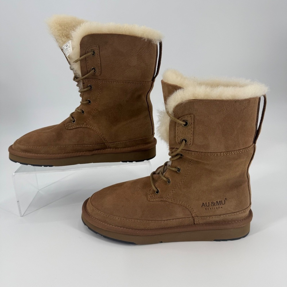 AU&MU Australia Sheepskin Shearling Lace Up‎ Winter Boots Wmn Size 6 Brown Suede